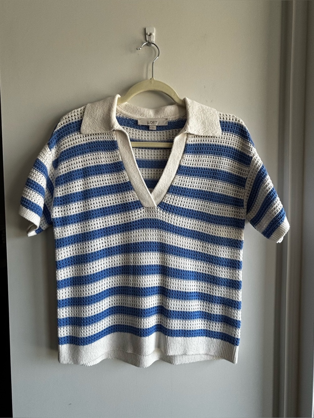 LOFT Blue and White Striped V-Neck Polo Sweater